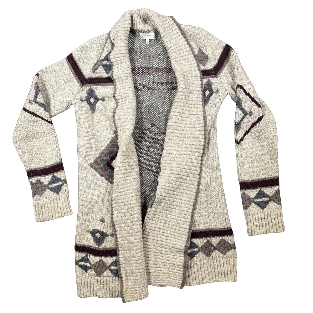 Lucky Brand Womens Southwestern Open Front Shawl Cardigan Sweater Cream Gray M